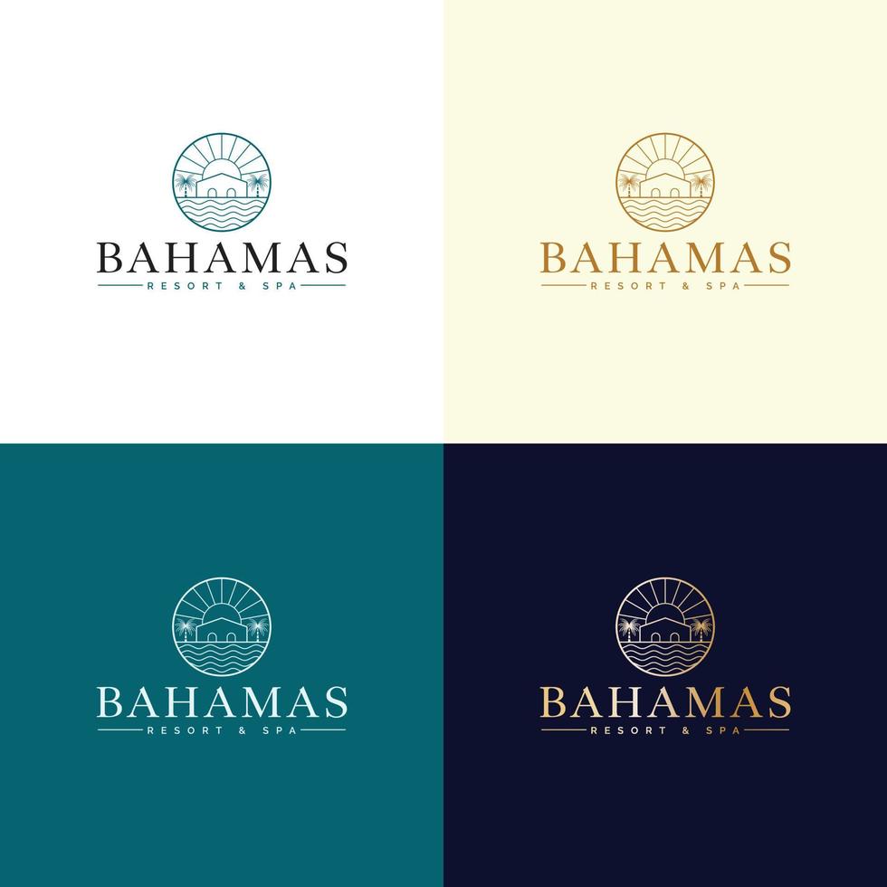 modèle de logo vectoriel avec villa et palmiers - icône abstraite d'été et de vacances et emblème pour les locations de vacances, les services de voyage, les spas tropicaux et le studio de beauté. création de logo de station balnéaire et de spa des bahamas