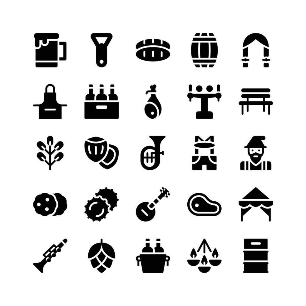 icônes de glyphes comprenant bière, ouvre-boîte, pain, tonneau, tresse, tablier, jambon, banc, feuille, noisette, tuba, lederhosen, gnome, biscuit, casquette, banjo, viande, tente, clarinette, houblon, seau, lustre, fût vecteur