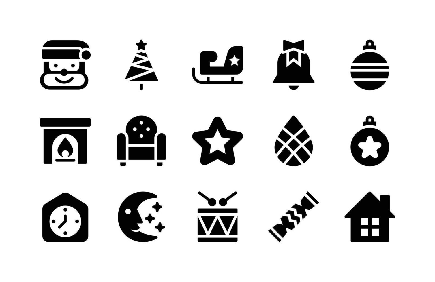 icônes de glyphe de noël, y compris le père noël, l'arbre, la luge, la cloche, l'ornement, la cheminée, la chaise, l'étoile, la pomme de pin, l'ornement, l'horloge, la lune, le pilon, le biscuit, la maison vecteur