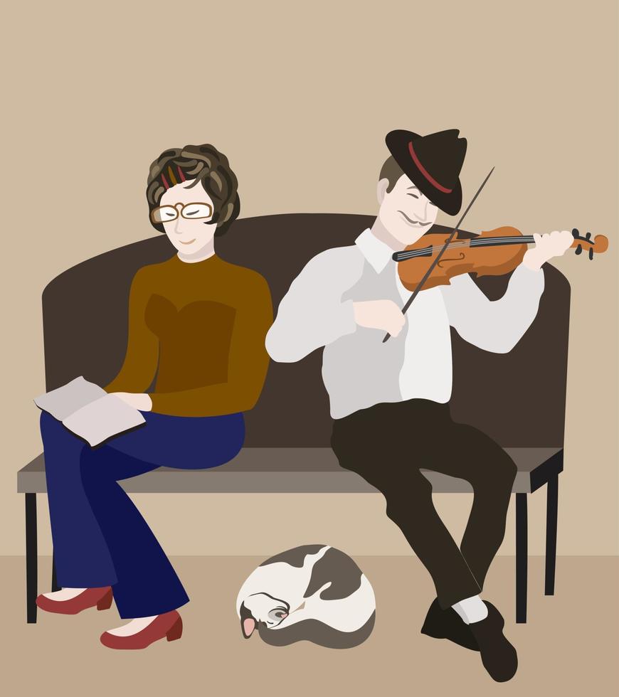 illustration vectorielle d'une femme lisant un livre, d'un homme jouant du violon et d'un chat endormi. vecteur