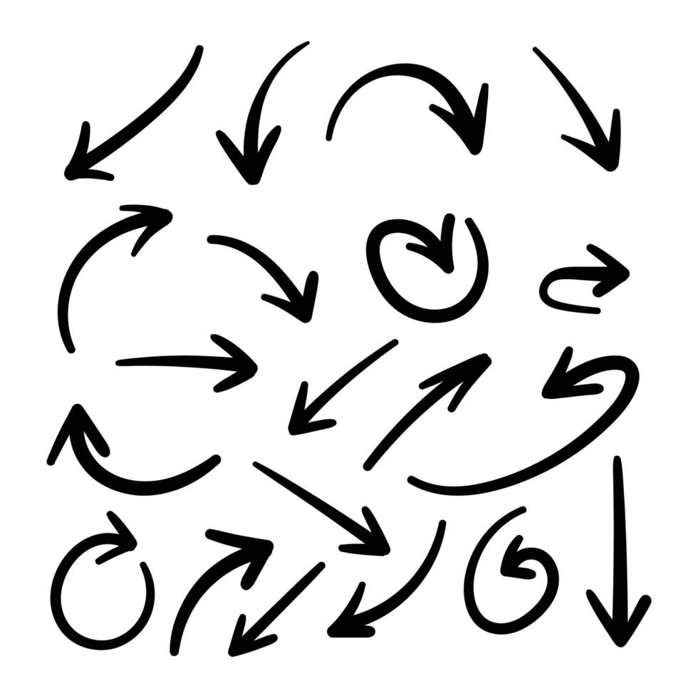 ensemble d'icônes vectorielles flèche dessinée à la main. croquis de conception de flèche pour le plan d'affaires et l'éducation. vecteur