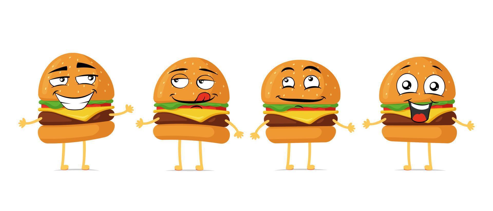 jeu de personnages de dessin animé souriant drôle de burger. hamburger mignon collection de mascotte de visage heureux. vecteur fast food cheeseburger joyeux émoticônes illustration eps