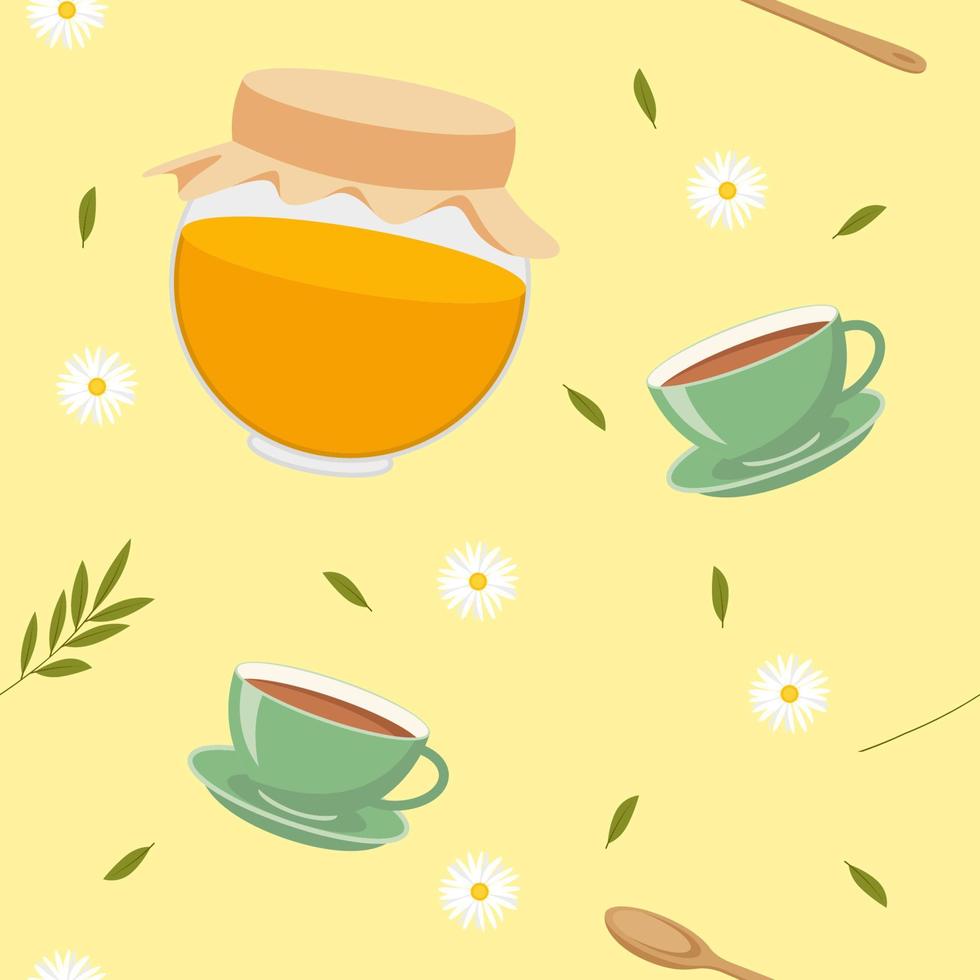 miel de modèle sans couture de vecteur avec thé et fleurs