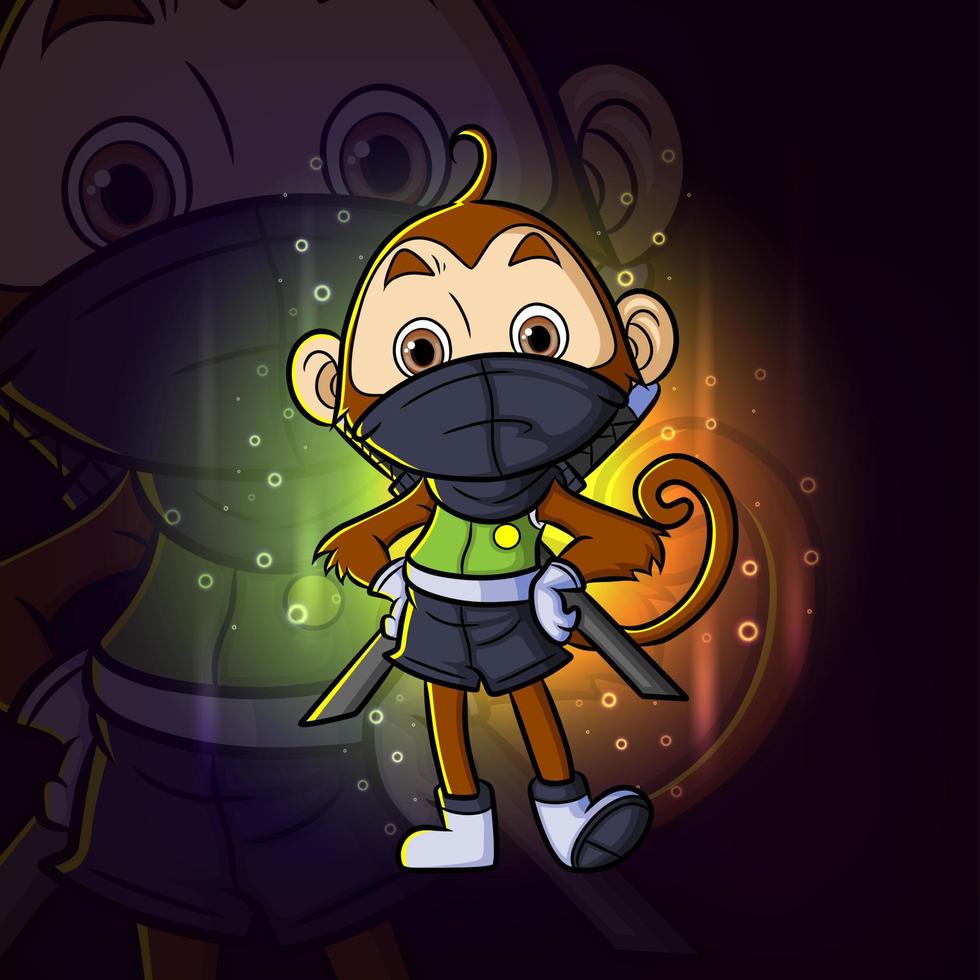 le singe ninja pose le logo de conception de la mascotte esport vecteur