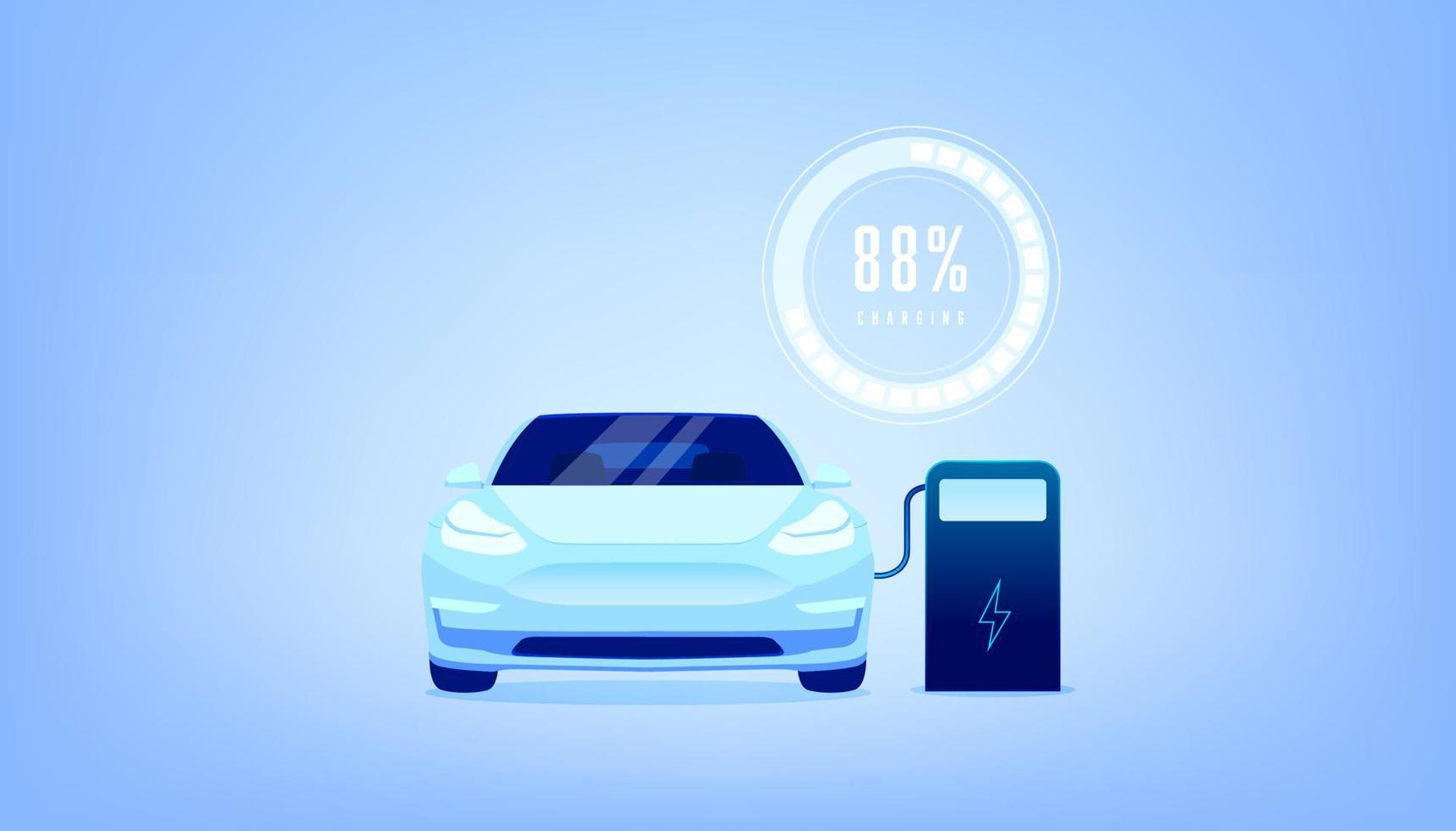 voiture ev ou charge électrique à la station de charge avec le câble d'alimentation branché sur fond bleu. vecteur