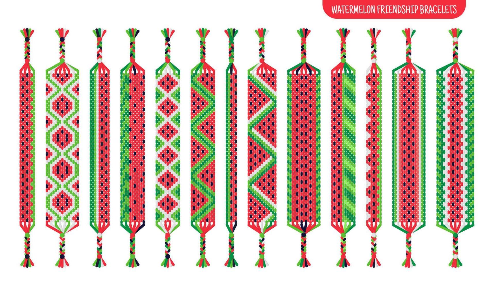 ensemble de bracelets d'amitié faits à la main de fruits de pastèque de fils ou de perles. tutoriel de modèle normal de macramé. vecteur