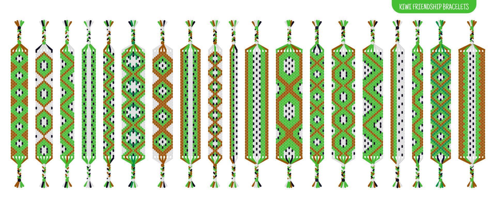 ensemble de bracelets d'amitié faits à la main de kiwi vert de fils ou de perles. tutoriel de modèle normal de macramé. vecteur