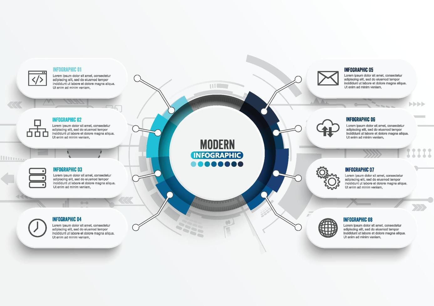 modèle d'infographie vectorielle avec étiquette en papier 3d, cercles intégrés. concept technologique avec 8 options. pour le contenu, le diagramme, l'organigramme, les étapes, les pièces, l'infographie de la chronologie, le flux de travail, le graphique. vecteur