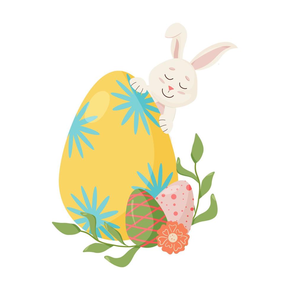 personnage de lapin. sort de l'oeuf, de la carotte. lapin de pâques mignon et joyeux avec floral, fleur. vecteur