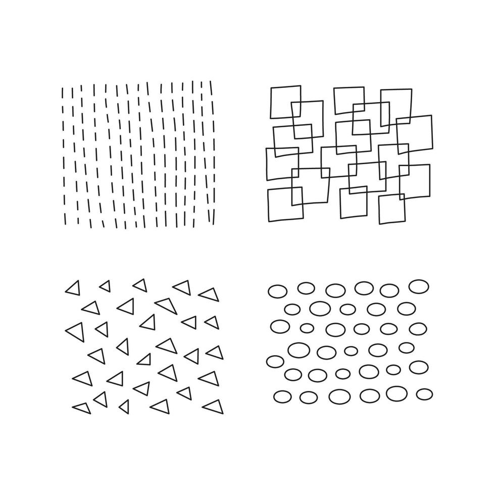 ensemble de textures abstraites de gribouillis isolées sur fond blanc. rayures d'encre à main levée, carrés, triangles, ovales. vecteur