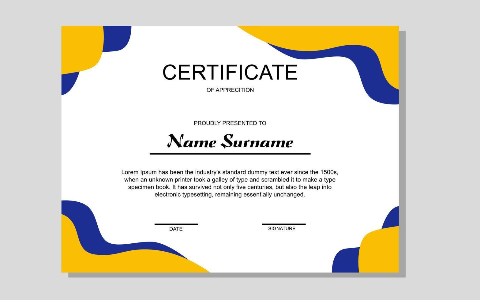 conception de certificat dans un style moderne jaune et bleu vecteur