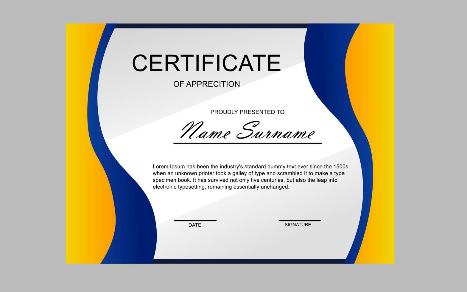 conception de certificat dans un style moderne jaune et bleu vecteur