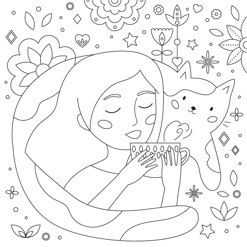 page de coloriage de doodle pour adultes et enfants. femme de dessin animé mignon buvant du thé. chat drôle kawaii. formes géométriques abstraites et fleurs. livre de coloriage anti-stress. illustration de contour noir et blanc. vecteur