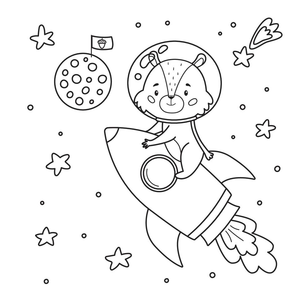 page de coloriage pour les enfants. avec un tamia de dessin animé mignon sur une fusée. lune dessinée à la main avec drapeau. thème de l'espace. contour noir blanc illustration. vecteur