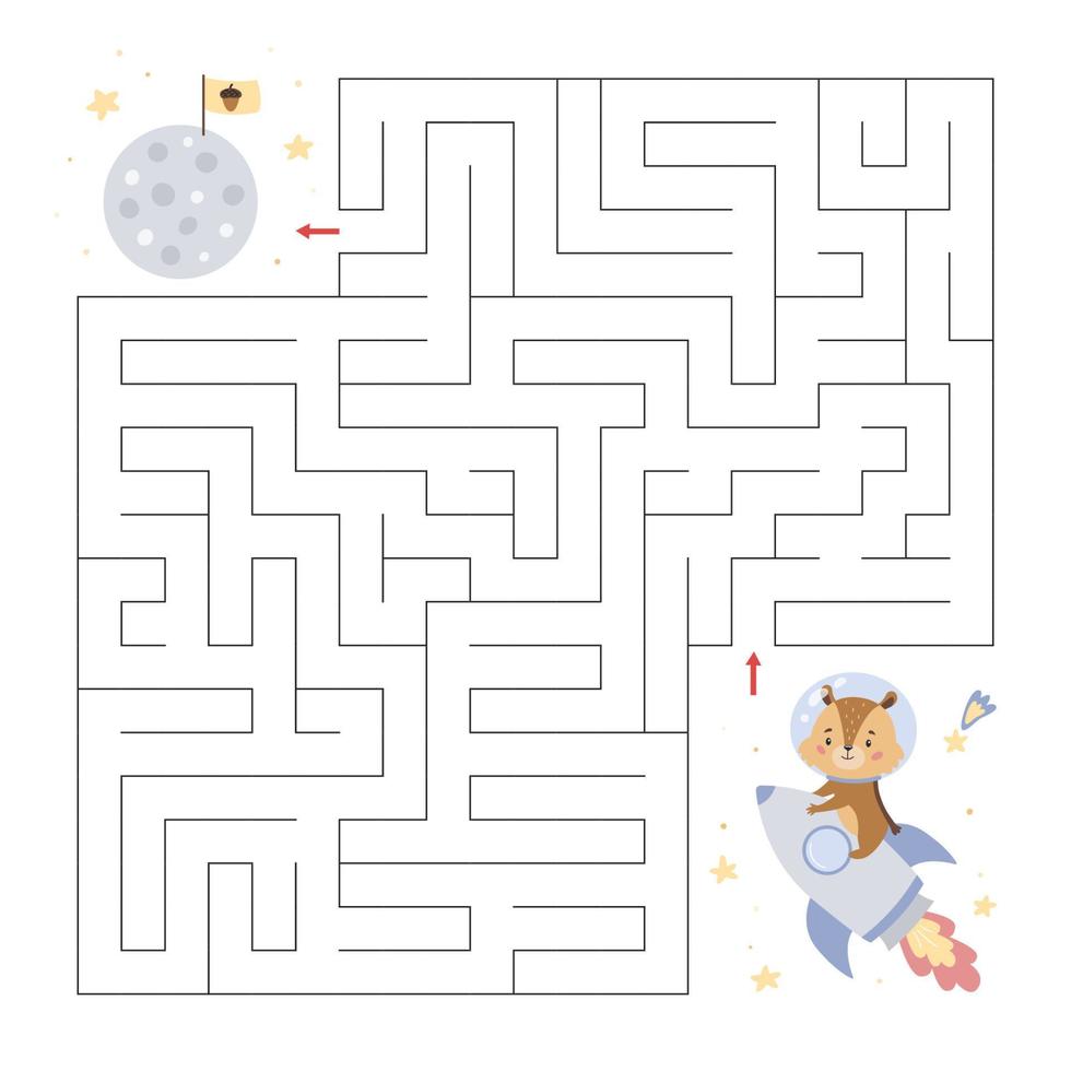 jeu de labyrinthe éducatif pour les enfants. aidez le petit tamia sur la fusée à trouver le bon chemin vers la lune. feuille de travail sur le thème de l'espace. personnage de dessin animé mignon. vecteur