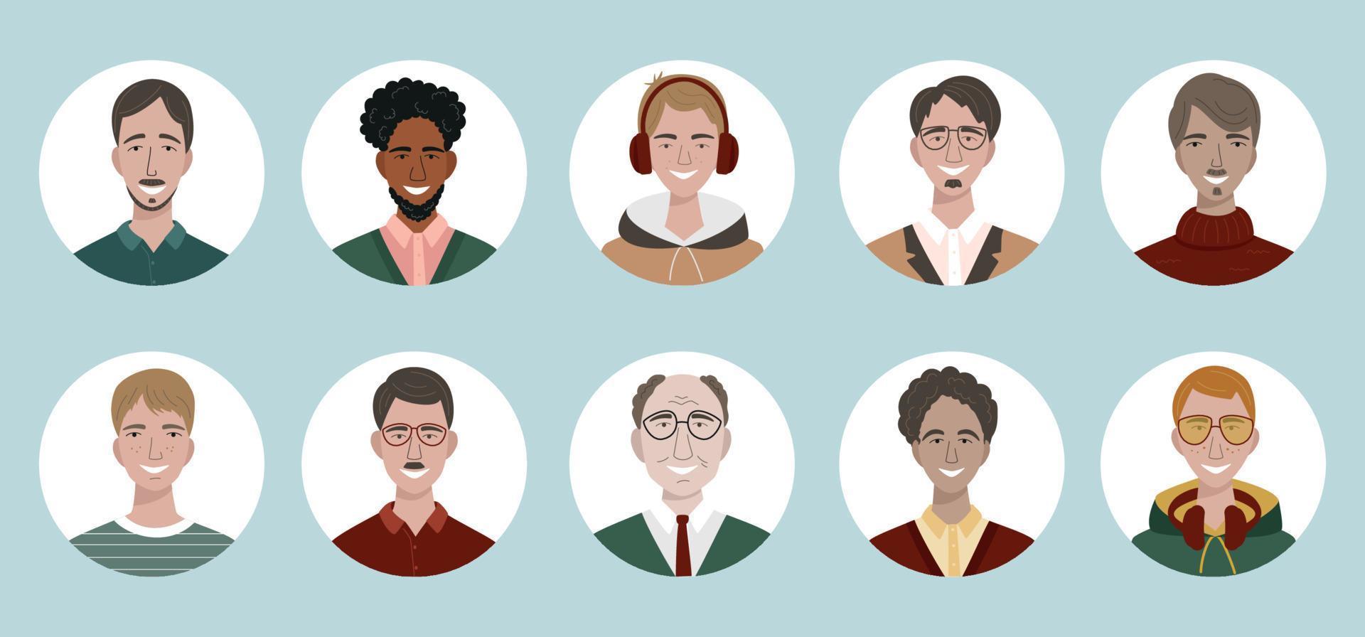 ensemble d'avatars d'hommes différents. ensemble de portraits d'utilisateurs colorés. vecteur