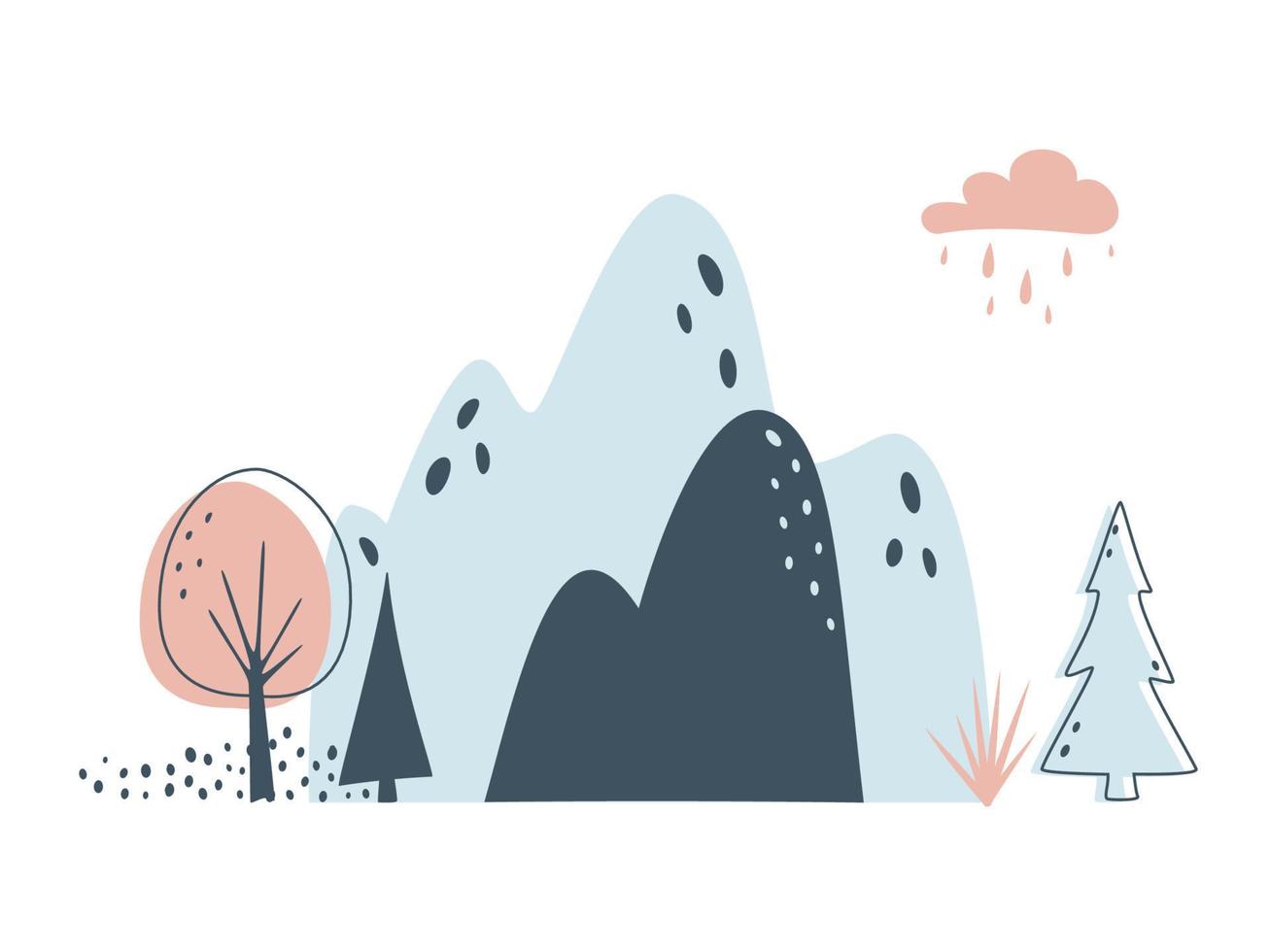 carte minimaliste avec montagnes, sapins et nuages sur fond blanc. concept de voyage ou de nature. paysage du nord en couleurs limitées vecteur