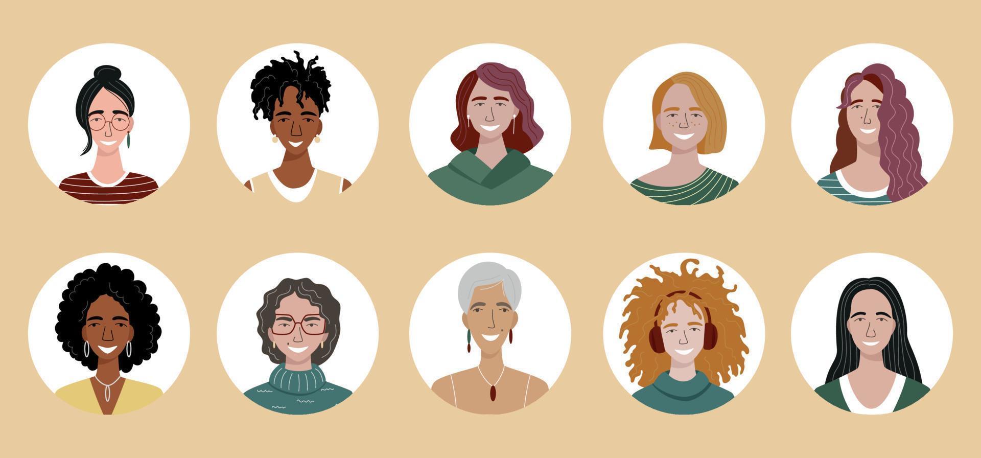 ensemble d'avatars de femmes différentes. ensemble de portraits d'utilisateurs colorés. vecteur