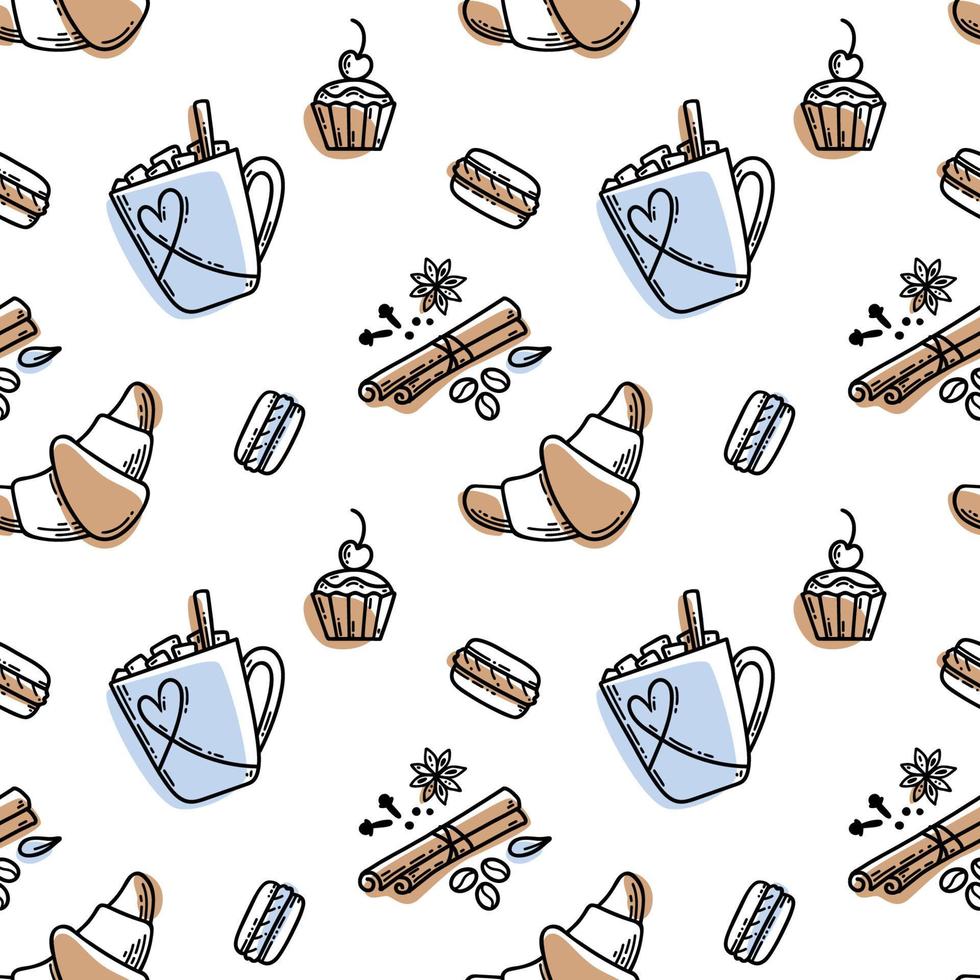 motif de thé ou de café de style croquis dessinés à la main de vecteur. tasse, épices et grains de café, macarons, gâteau, croissant vecteur