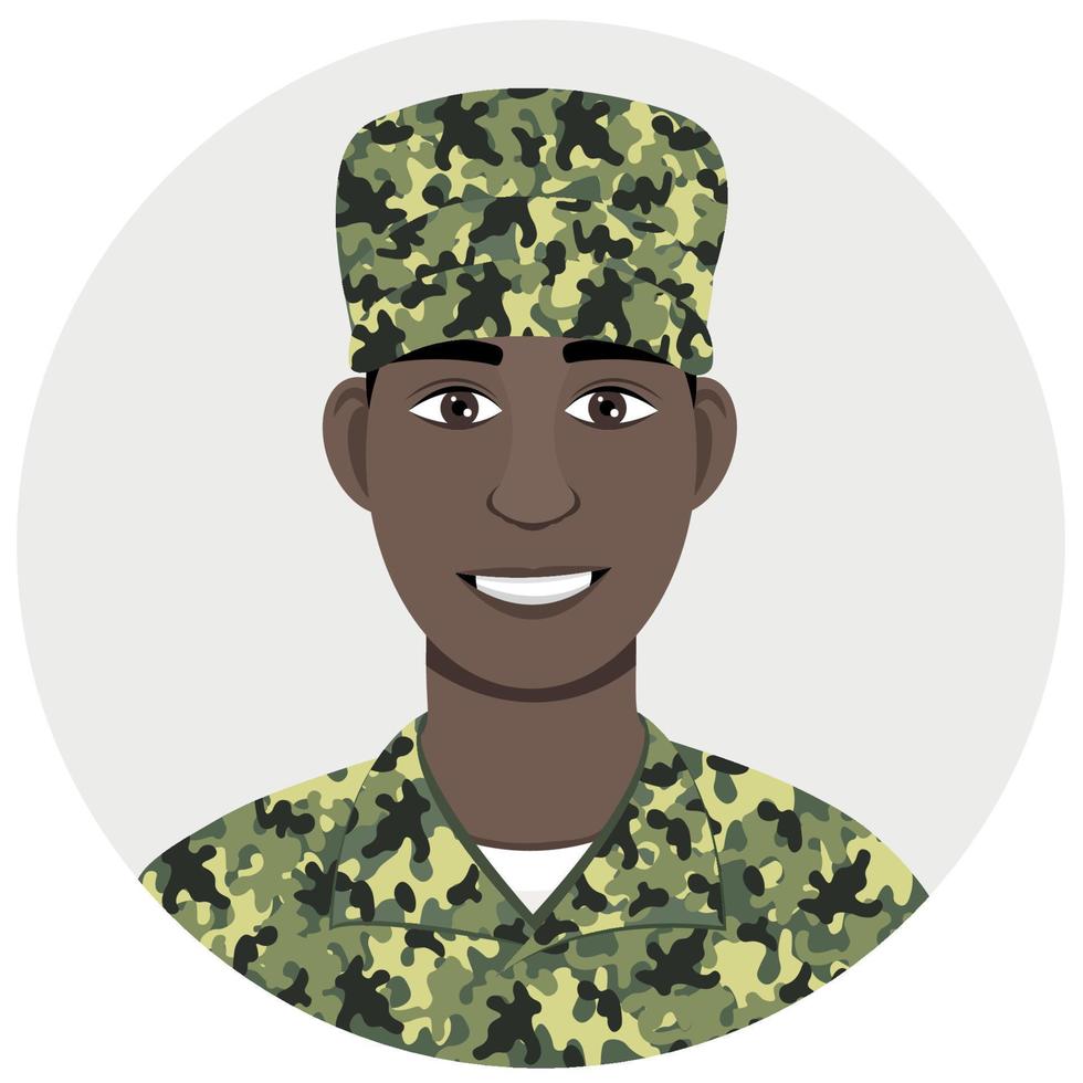 Avatar vectoriel d'un gars à la peau foncée dans un uniforme de camouflage vert, vecteur plat, isoler sur fond blanc