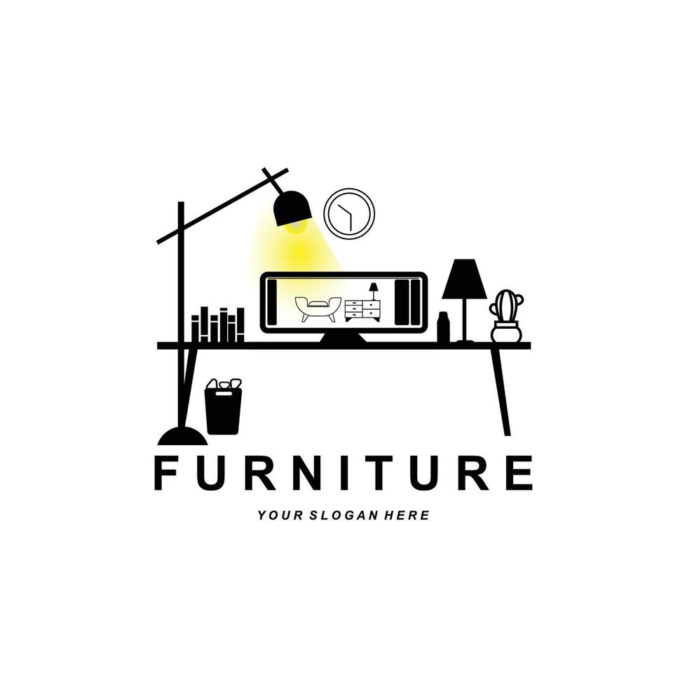 logo de meuble, design d'ameublement, illustration d'icône de chambre, table, chaise, lampe, cadre, horloge, pot de fleur vecteur