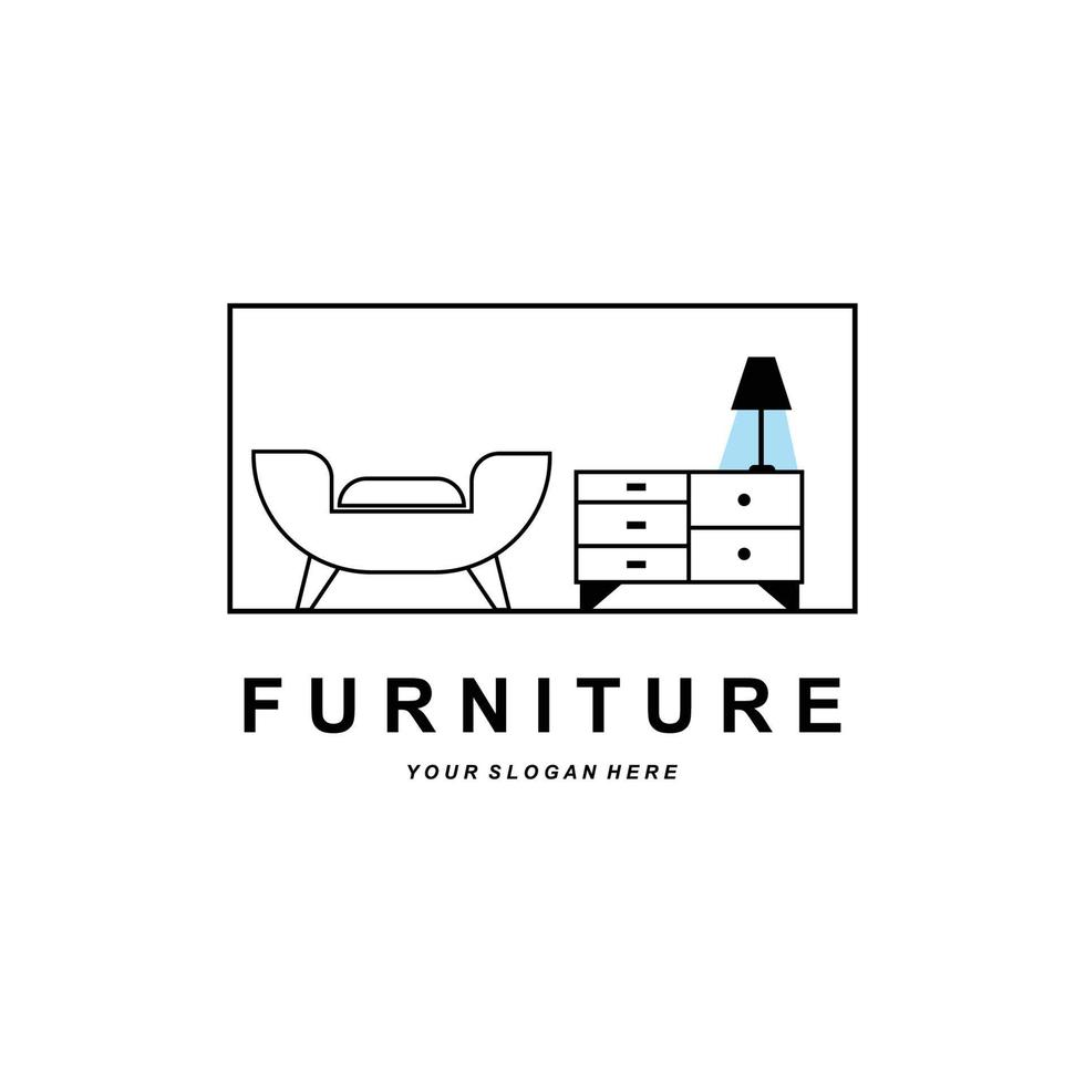 logo de meuble, design d'ameublement, illustration d'icône de chambre, table, chaise, lampe, cadre, horloge, pot de fleur vecteur