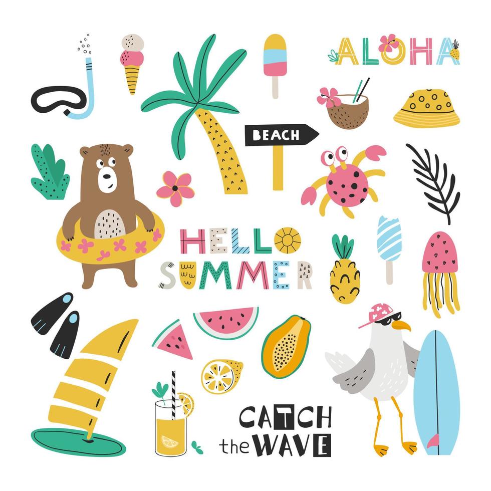 ensemble d'éléments et de personnages d'été mignons. animaux, fruits, boissons, plantes et lettrage. illustrations pour enfants vecteur