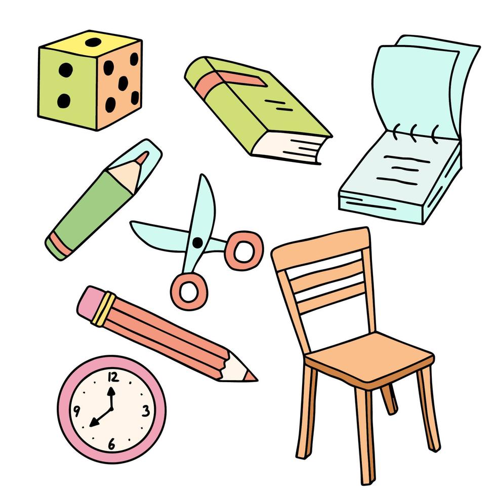 vecteur enfants sertie d'éléments dessinés à la main crayon, livre, chaise, cube, marqueur, horloge. collection d'autocollants avec des objets enfantins simples isolés sur fond blanc.