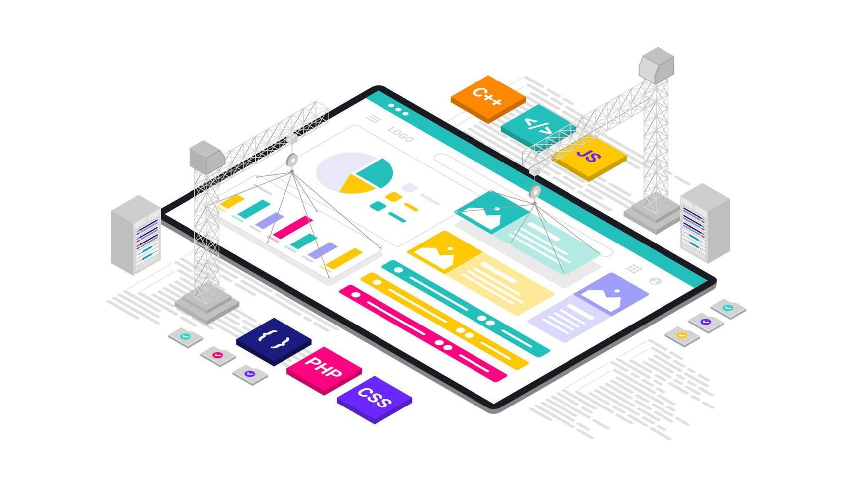 en construction développement de tableau de bord de site web de programmation illustration isométrique 3d vecteur