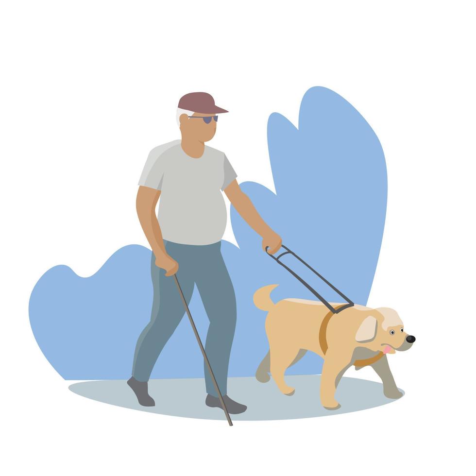 un homme aveugle se promène en plein air avec l'aide d'un chien-guide. un chiot de compagnie formé par un professionnel aide un homme handicapé dans les rues. notion de déficience visuelle. animal d'assistance et les personnes. illustration vectorielle. vecteur