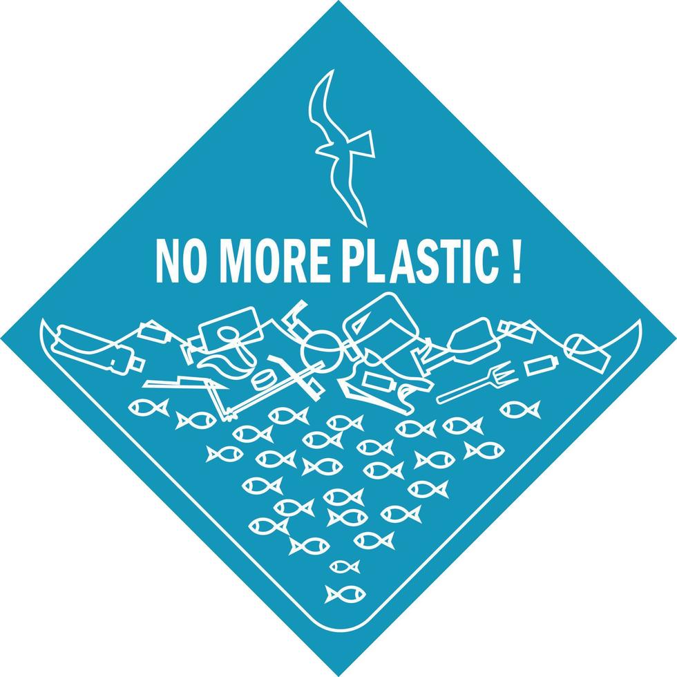 plus de bannière de concept de mot en plastique. pollution de l'environnement, illustrations vectorielles de problèmes écologiques isolés. idée d'impression de protection de la planète. poisson nageant dans les ordures clipart vecteur