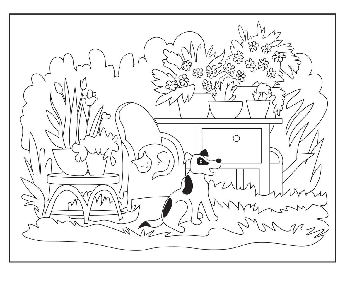 plante des fleurs dans le jardin, livre de coloriage arrière-plan de la ligne d'art vectoriel. vecteur