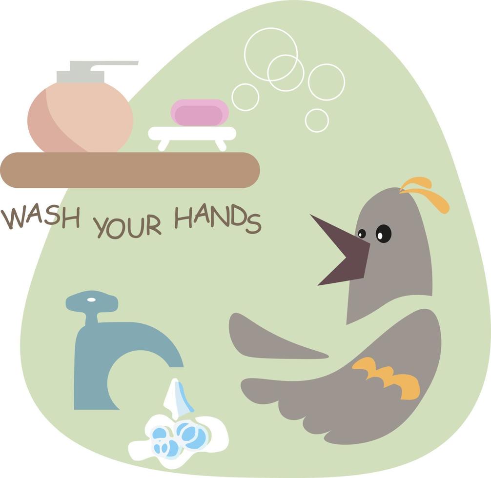 Ensemble de salle de bain plat pour enfant. illustration vectorielle. drôle d'oiseau. illustration vectorielle. oiseau isolé se lave les mains sur fond blanc vecteur