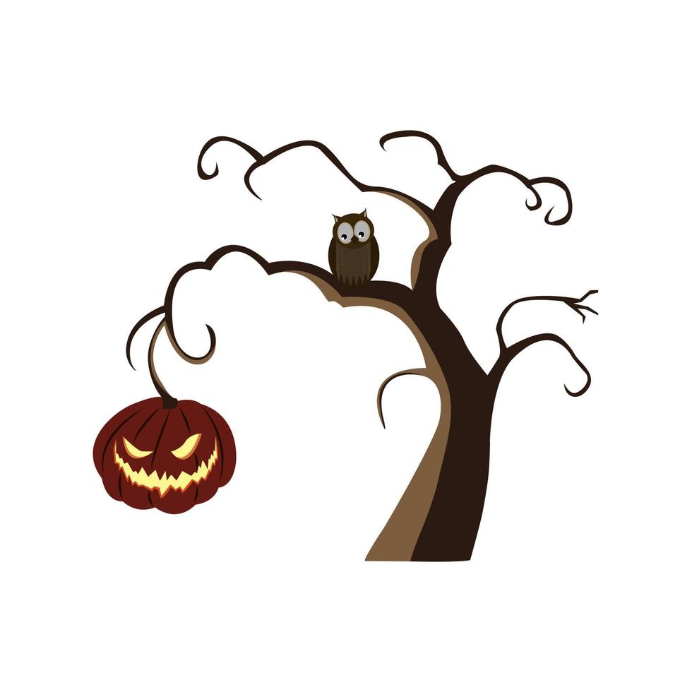 halloween horrible citrouille accrochée à une branche d'arbre noueuse, chouette, hibou grand-duc. isolé, fond blanc. pour la conception. vecteur