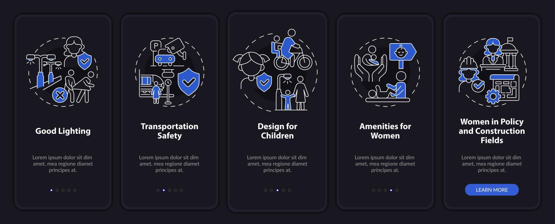 conception de la ville pour les femmes et les enfants écran d'application mobile d'intégration en mode nuit. pas à pas en 5 étapes pages d'instructions graphiques avec des concepts linéaires. ui, ux, modèle d'interface graphique. vecteur