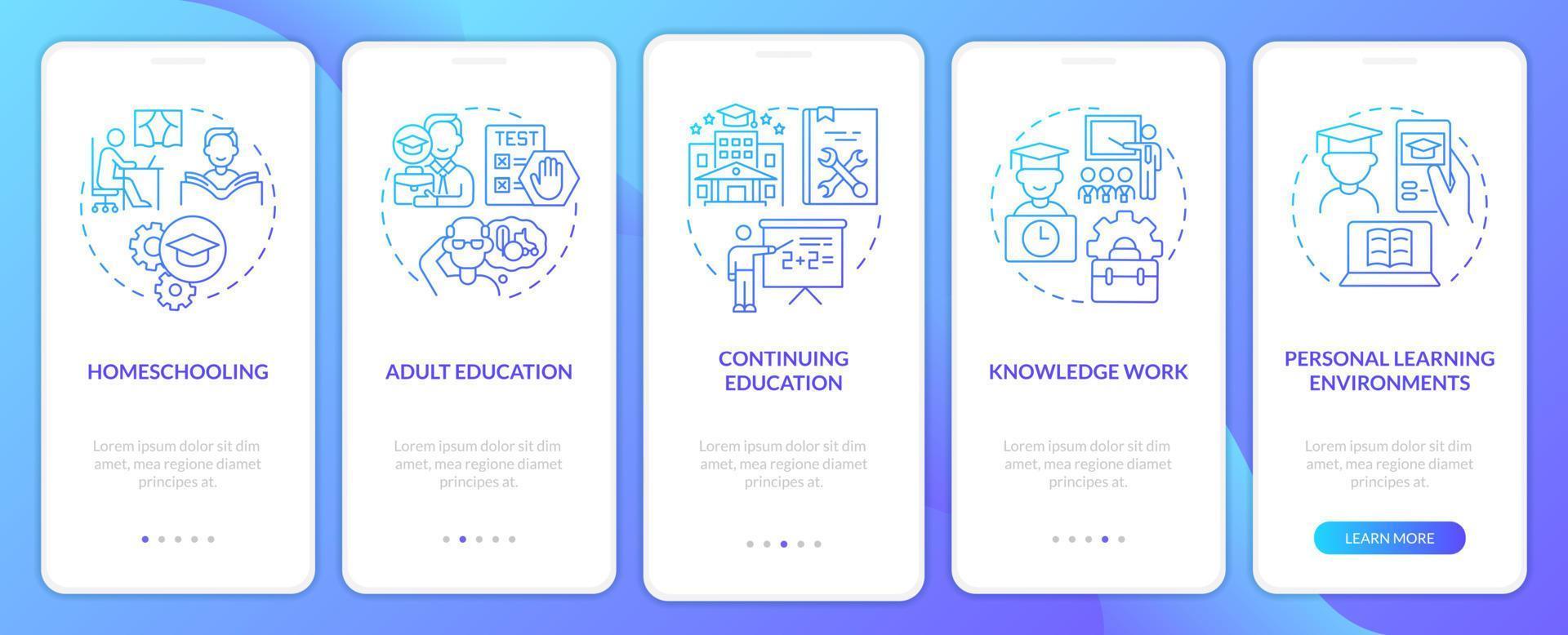 contextes d'apprentissage tout au long de la vie écran d'application mobile d'intégration à gradient bleu. pas à pas en 5 étapes pages d'instructions graphiques avec des concepts linéaires. ui, ux, modèle d'interface graphique. vecteur