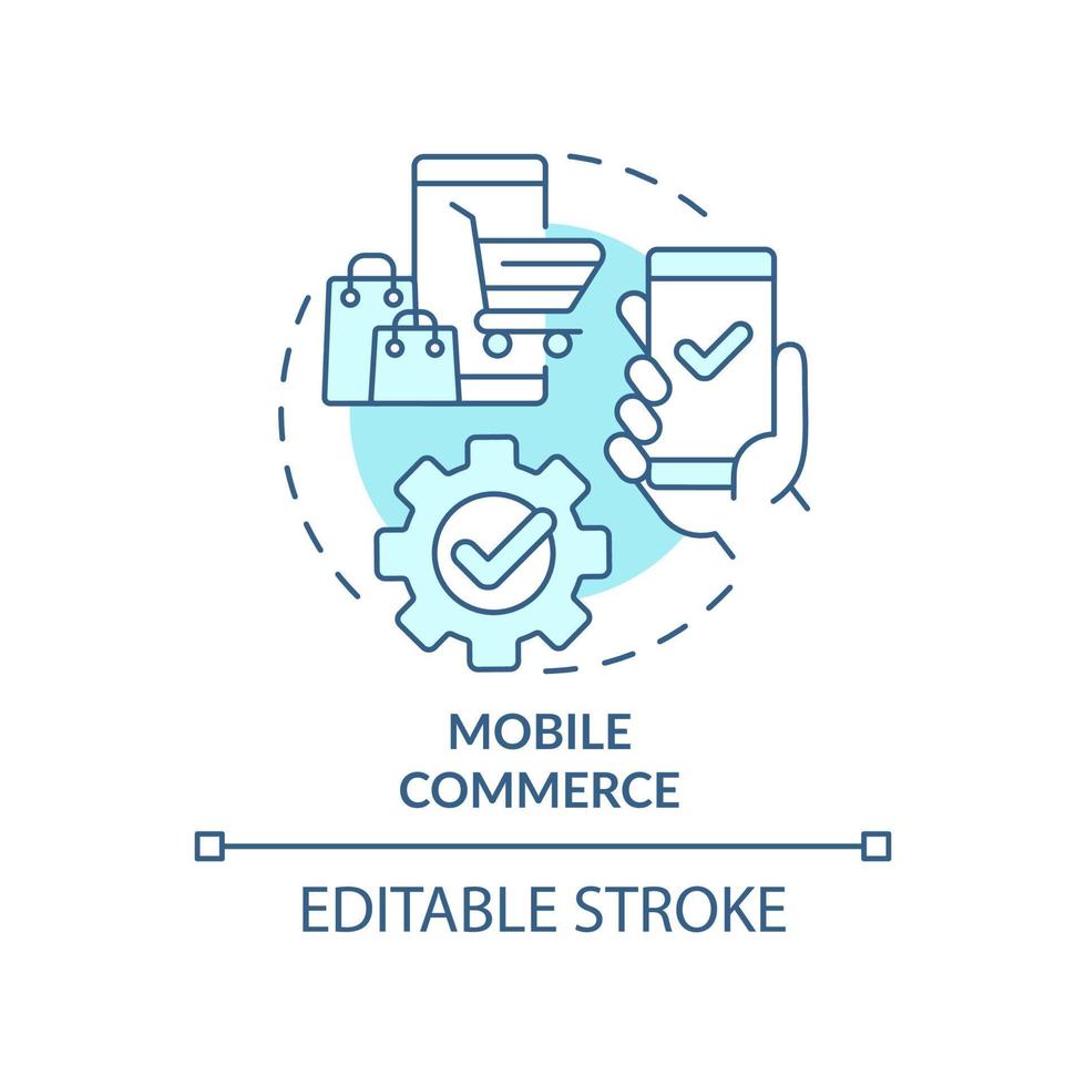 icône de concept turquoise de commerce mobile. vendre des produits en ligne. tendances de détail idée abstraite illustration de ligne mince. dessin de contour isolé. trait modifiable. vecteur