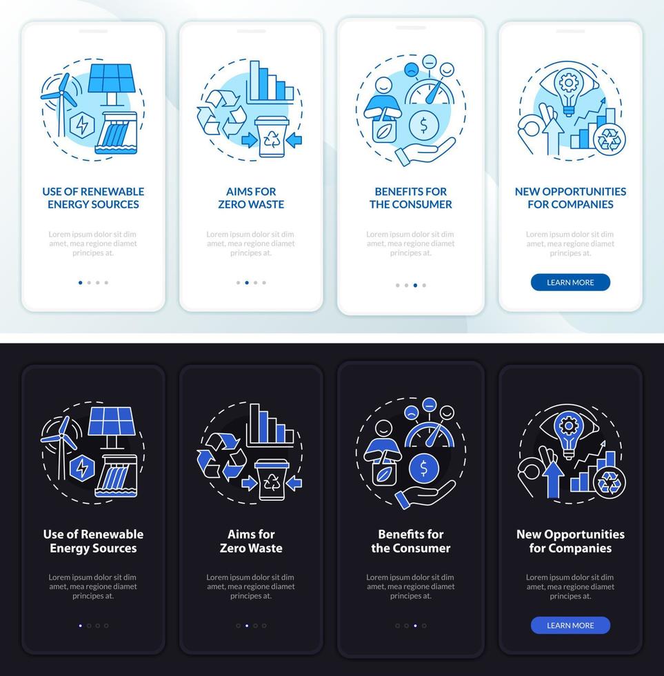 écran d'application mobile d'intégration en mode nuit et jour pour les pros de l'économie circulaire. pages d'instructions graphiques en 4 étapes avec des concepts linéaires. ui, ux, modèle d'interface graphique. vecteur