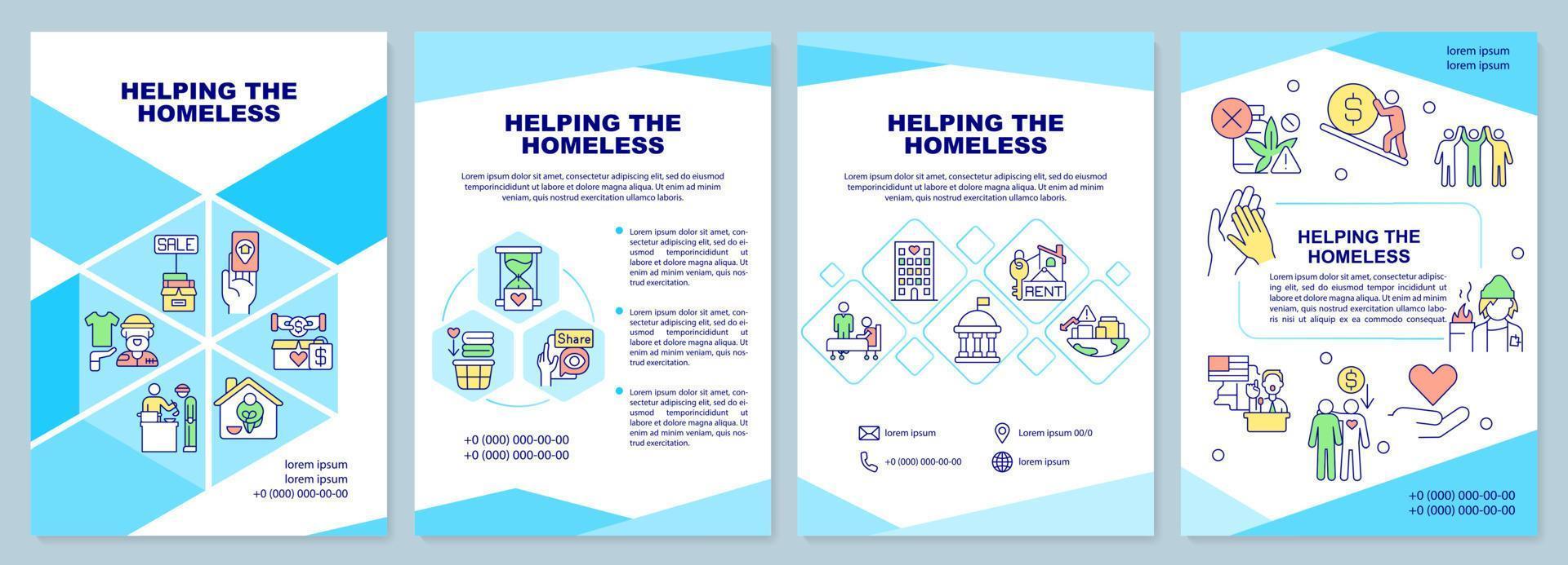modèle de brochure turquoise aidant les sans-abri. programme de soutien. conception de dépliant avec des icônes linéaires. 4 mises en page vectorielles pour la présentation, les rapports annuels. vecteur