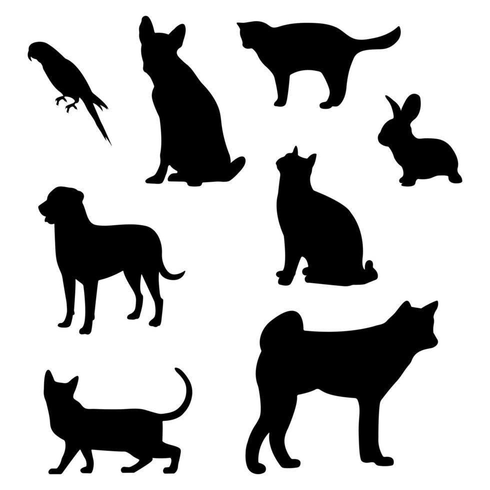 ensemble de silhouettes noires d'animaux de compagnie. icônes isolées de chiens, chats, lapins et perroquets. illustration vectorielle. vecteur