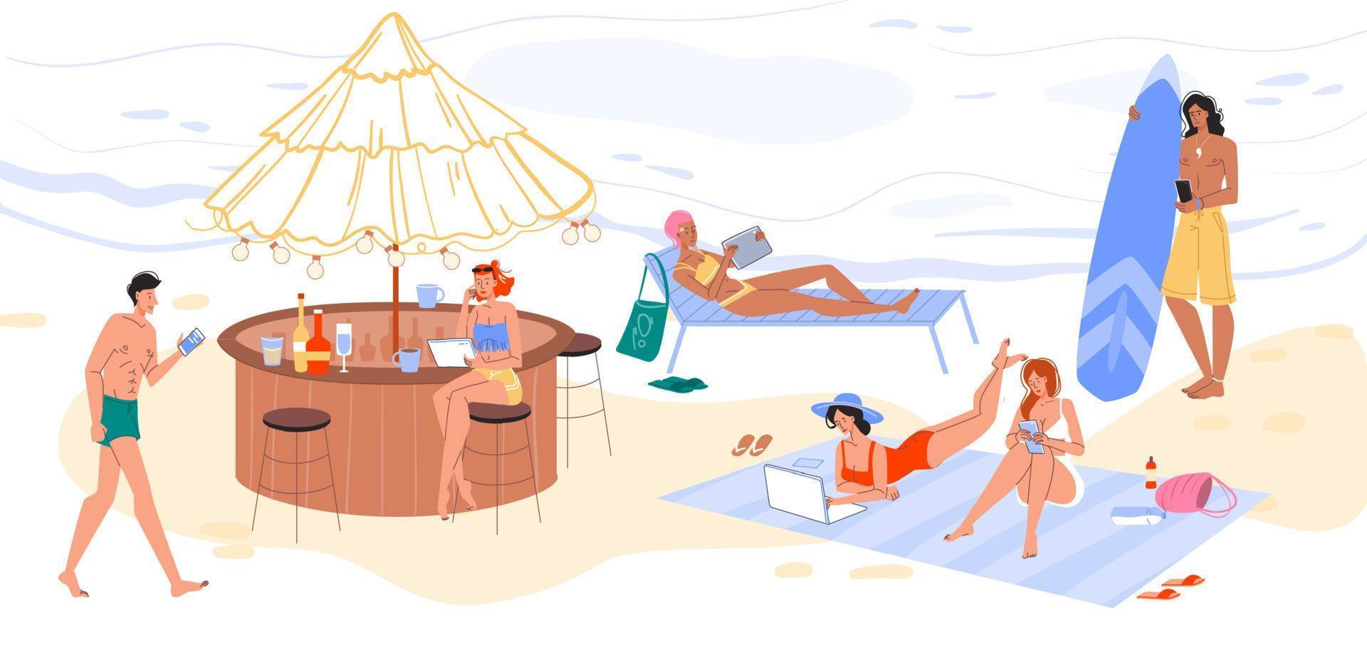 les gens surfent sur internet se reposent sur la plage vecteur