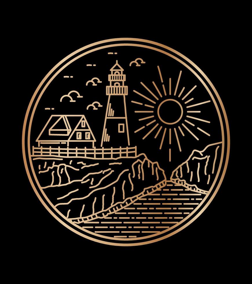 conception de vecteur de phare d'angleterre sur la falaise de la mer en dessin au trait mono, illustration graphique de broche de patch de badge, conception de t-shirt d'art vectoriel