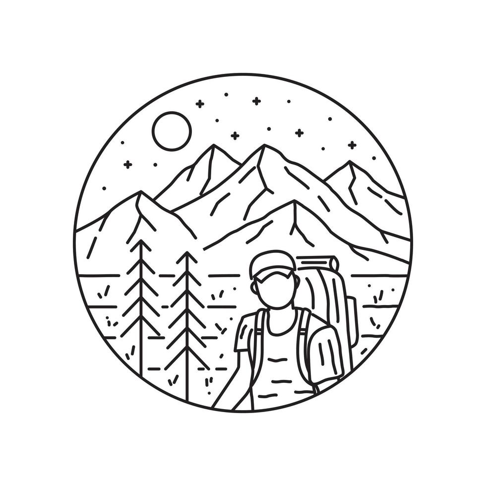 homme de camping dans une forêt montagneuse en dessin au trait mono, illustration graphique de broche de patch de badge, conception de t-shirt d'art vectoriel