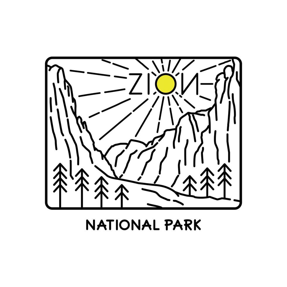 paysage du parc national de zion en dessin au trait mono, conception de badge patch, conception d'emblème, conception de t-shirt vecteur