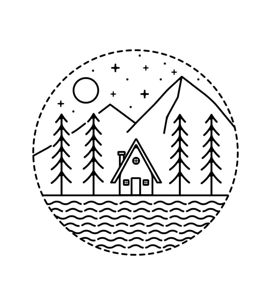 montagne et chalet la nuit en dessin au trait mono, vecteur de badge patch, conception de t-shirt