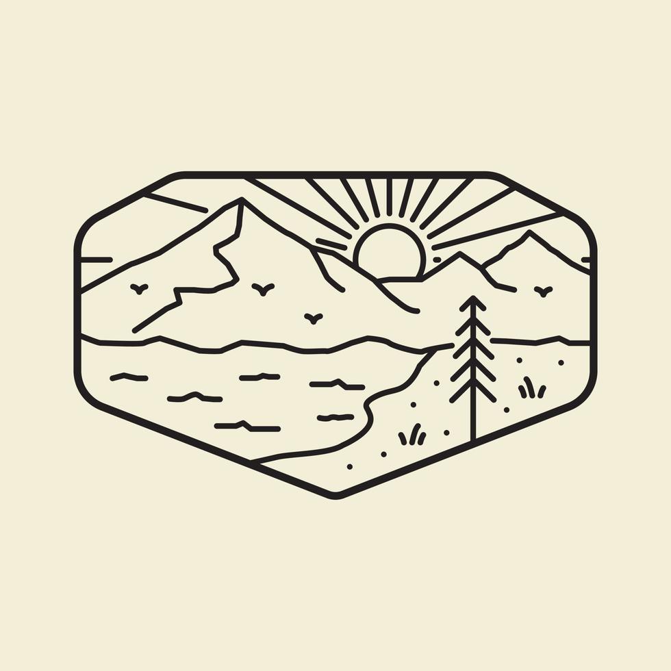 camp de paysage de montagne et de lac en dessin au trait mono, illustration graphique de broche de patch de badge, conception de t-shirt d'art vectoriel