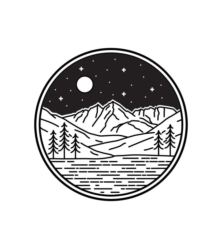 paysage du colorado la nuit en dessin au trait mono, conception de badge patch, conception d'emblème, conception de t-shirt vecteur