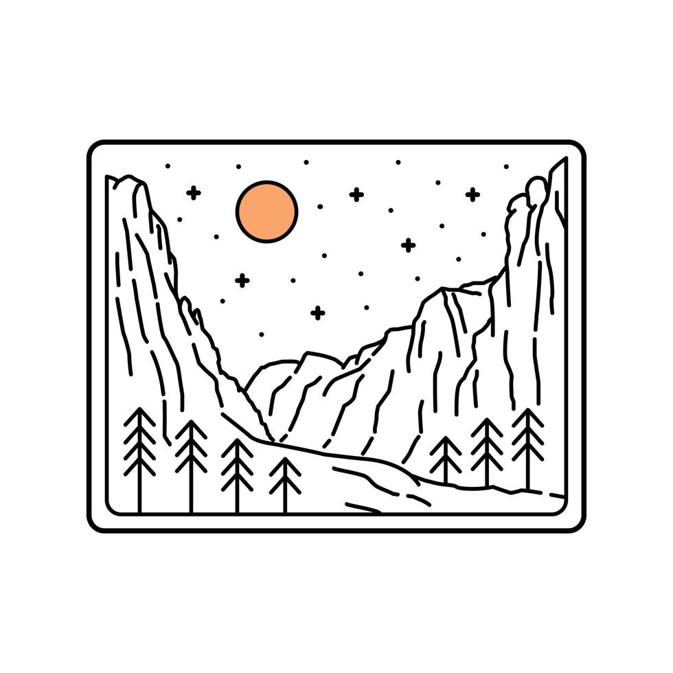vue sur le parc national de zion avec un ciel étoilé en dessin au trait mono, conception d'insigne de patch, conception d'emblème, conception de t-shirt vecteur