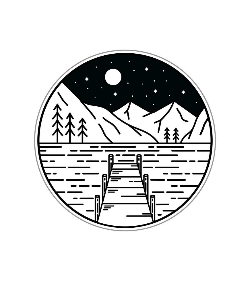 vue d'une jetée en bois sur un lac la nuit ligne sauvage insigne patch broche illustration graphique vecteur art t-shirt design