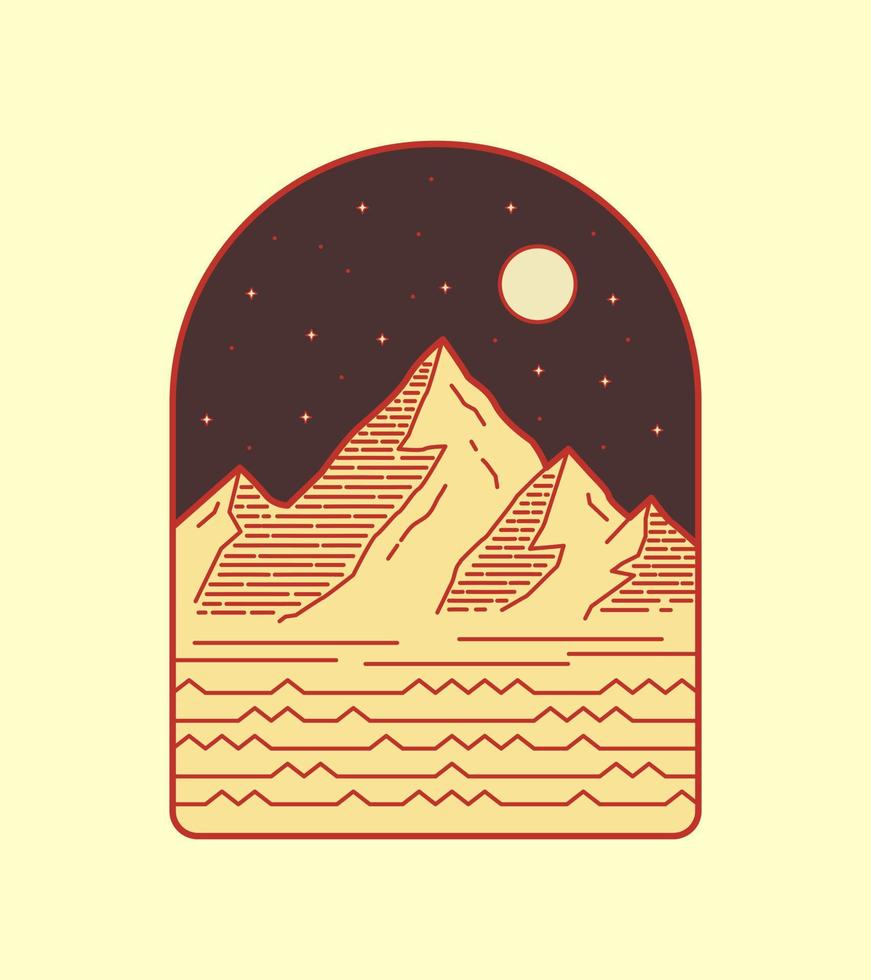 conception vectorielle de vue sur la montagne et étoiles de nuit étincelantes en dessin au trait mono, vecteur de badge de patch, conception de t-shirt